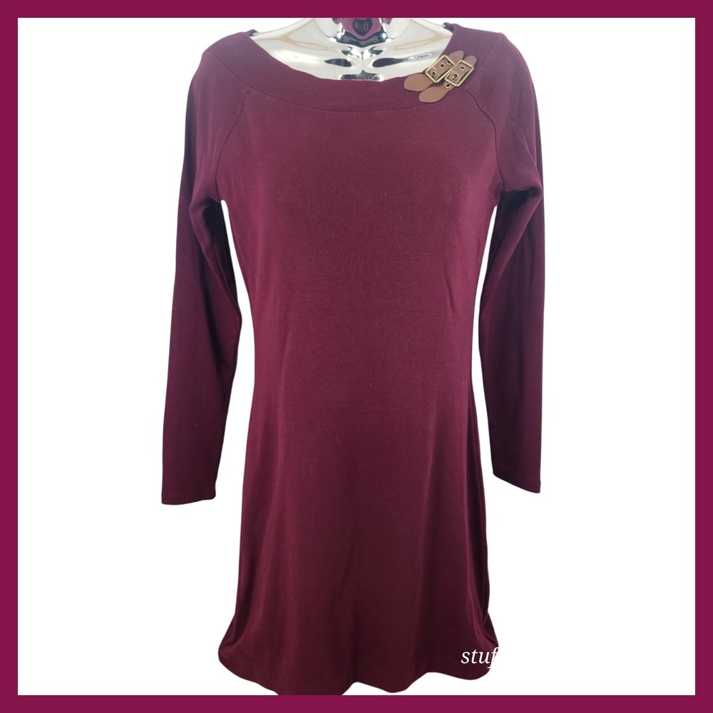 Ralph Lauren Knit Midi Dress Maroon Leather Buckle Size S Long Sleeve 100 Cotton